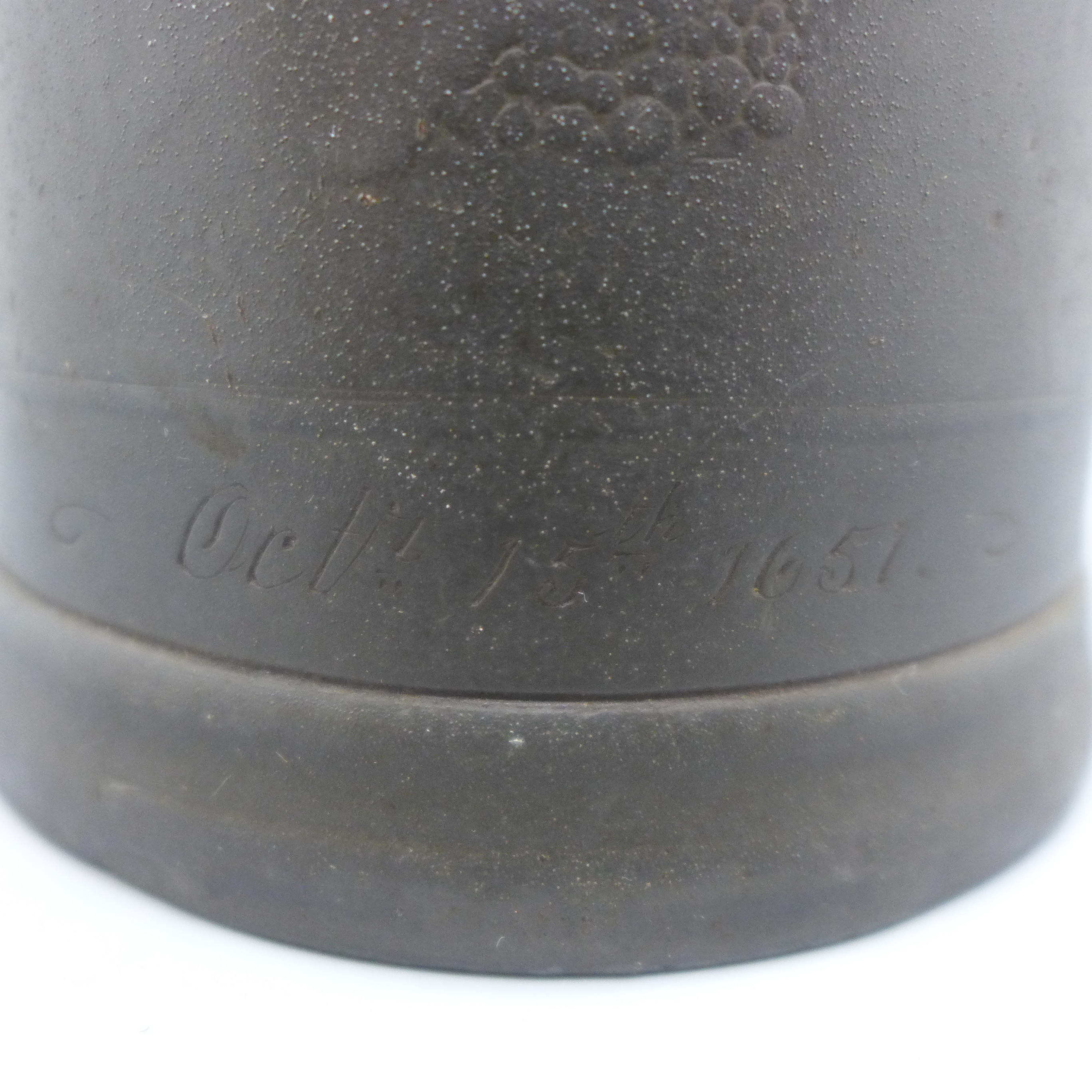 A 17th Century two handled tankard, a/f, with worn inscription, 'At The Man And Scythe Sacred to The - Image 2 of 5