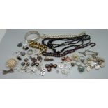 Silver and other jewellery, including a heavy silver rope necklace, 94g, silver bangle, 24g,