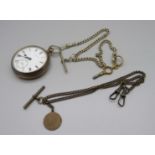 A silver cased fusee pocket watch, Potts, Leeds, and two Albert chains