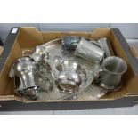 Two silver plated trays, a plated tea service and pewter mugs **PLEASE NOTE THIS LOT IS NOT ELIGIBLE