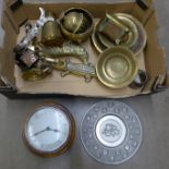 An oak cased wall clock, Indian brass dishes, a jug, box, etc., and a brass crocodile nut