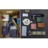 Two silver plated salts, watch boxes, wristwatches, wooden boxes, etc.