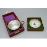 A 19th Century pocket barometer, cased, and a later compass