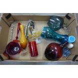 A box of mixed coloured glass, a horse's head paperweight, ruby glass, a glass dove on a branch,