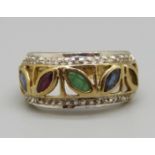 A 9ct gold ring set with coloured stones, lacking one stone, 2.2g, H