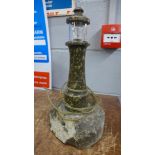 A Cornish Serpentine lighthouse lamp, top a/f
