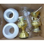 Two brass oil lamps and shades, one converted to electric **PLEASE NOTE THIS LOT IS NOT ELIGIBLE FOR