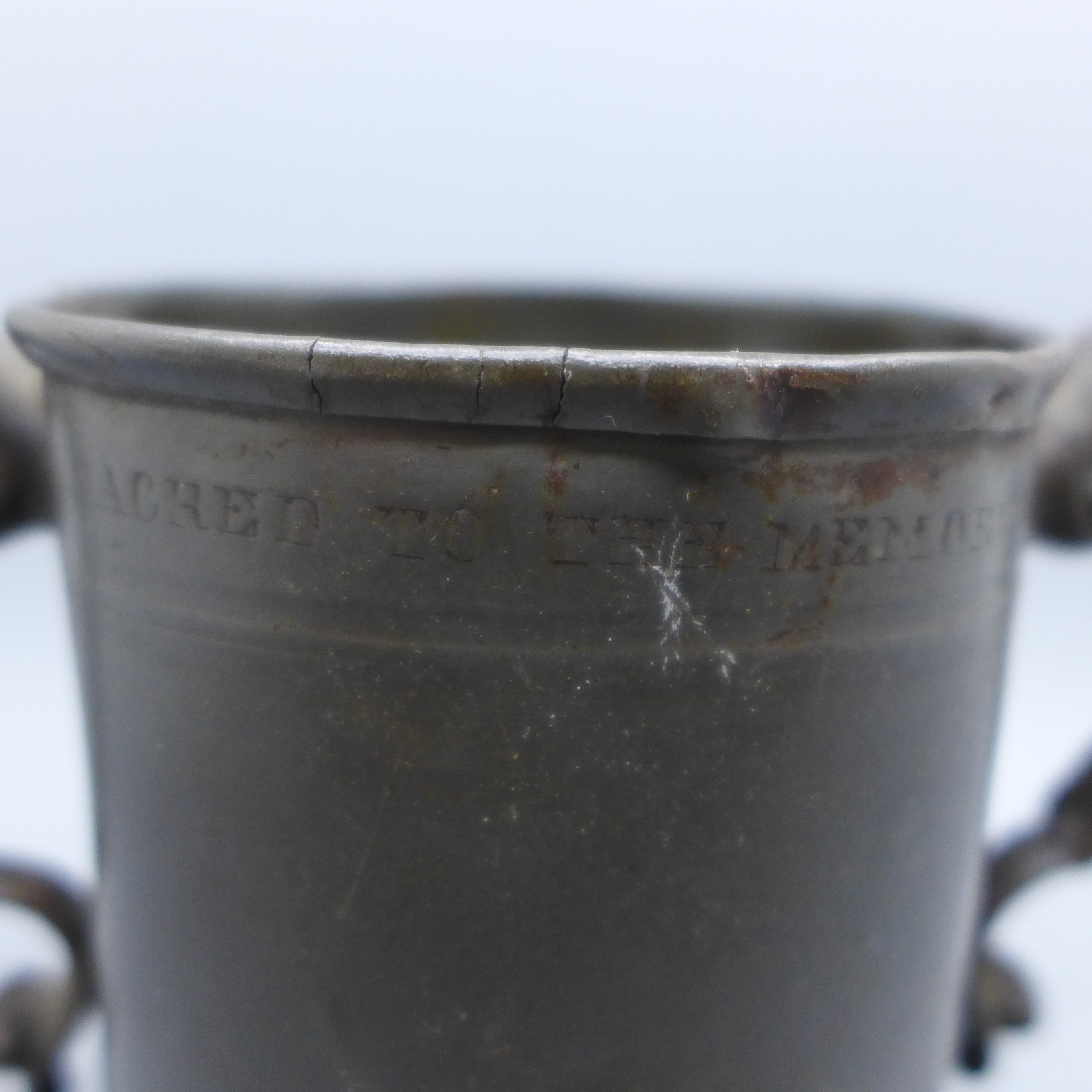 A 17th Century two handled tankard, a/f, with worn inscription, 'At The Man And Scythe Sacred to The - Image 4 of 5