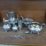 A collection of silver plated items including a four piece tea service