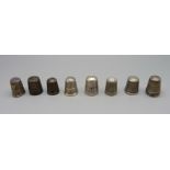 Two hallmarked silver thimbles including one Charles Horner and seven other thimbles, two a/f