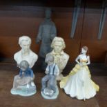 A Coalport figure, Golden Anniversary, two Nao figures of a boy with puppy and girl with doves, a