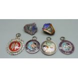 Four silver fob medals including two Buckinghamshire AAA and two silver and enamel NUR 30 Years