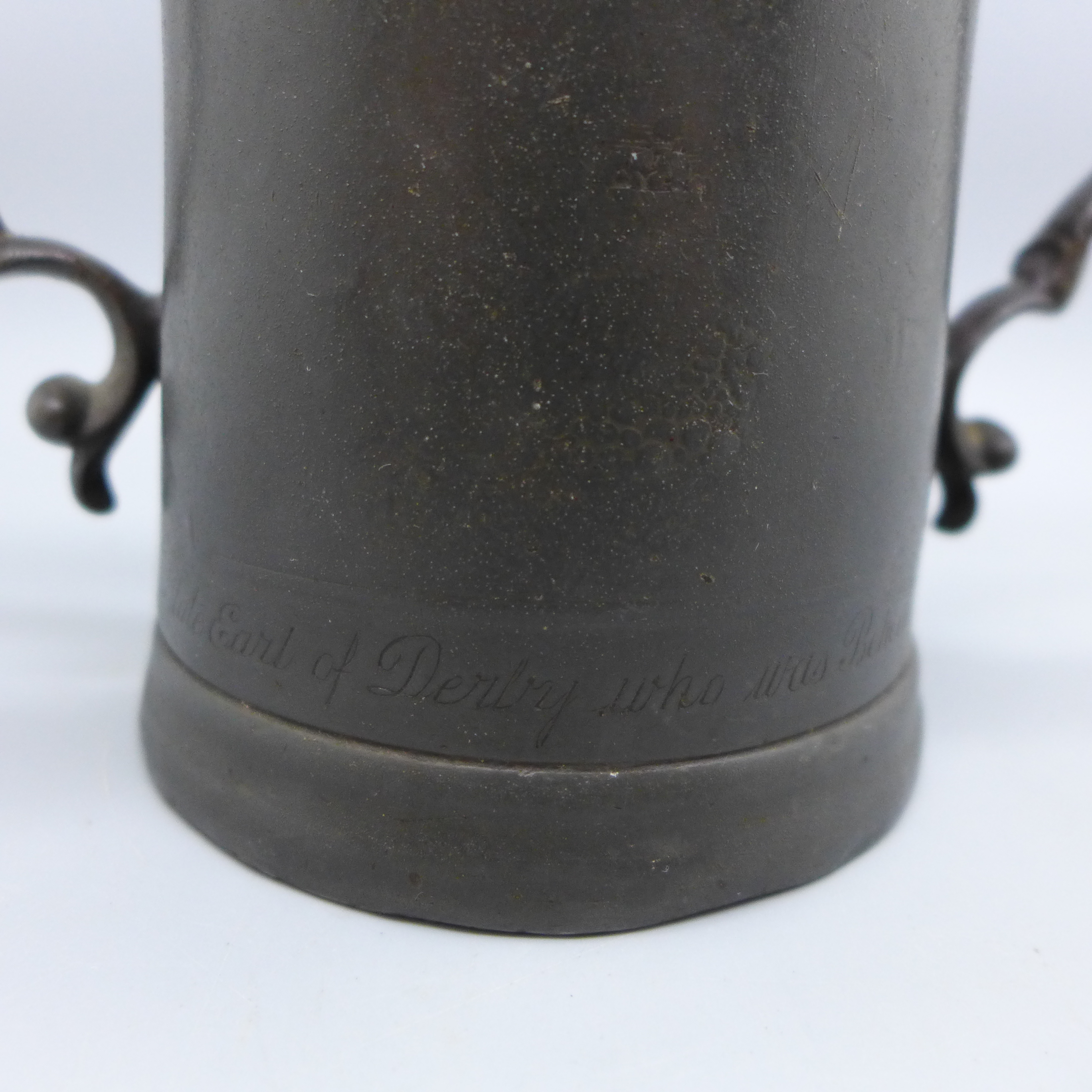 A 17th Century two handled tankard, a/f, with worn inscription, 'At The Man And Scythe Sacred to The - Image 5 of 5