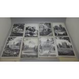 A collection of eight scraperboard pictures of Nottingham landmarks, circa 1950's, including St.