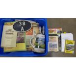 A box of railway related items including DVDs, newspapers, magazines, a stein and a sign **PLEASE