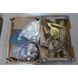 Two boxes of metal wares, brass candelabra, horseshoe, canteen of cutlery, flatware, etc. **PLEASE