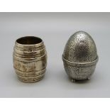 A Victorian silver barrel shaped match strike and an egg shaped needle holder