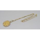An 1867 Spanish 4 Escudos 22ct gold coin, 3.3g, mounted in a yellow metal box chain and mount, 3.6g,