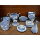 Wedgwood jasperware porcelain, including four cups and saucers, teapot without lid, one saucer a/f