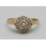 A 9ct gold, 32 stone diamond cluster ring, 2g, O