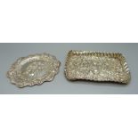 Two small silver trays, rectangular tray a/f, 131g