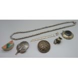 A white metal chain, two pendants, a Niello silver brooch, a pill box, etc.