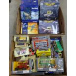 Two boxes of die-cast model vehicles and aircraft, including four Corgi aircraft, model buses and