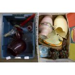 A box of mixed coloured glass and a box of decorative china, vases, dishes and a dressing table