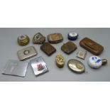 Vesta cases, pill boxes including one enamelled marked 'Accept Love', a scent bottle, etc.