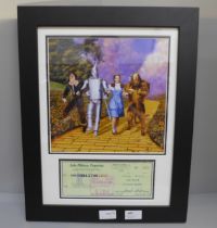 A framed The Bank Of California cheque and photograph, The Wizard of Oz, cheque signed by Jack