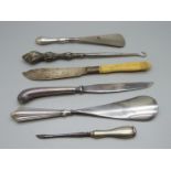 A knife with Victorian silver blade, three shoe horns, etc.