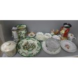 Decorative china and a glass bowl, including a Toby jug, a Mason's Chartreuse jug and plate, two