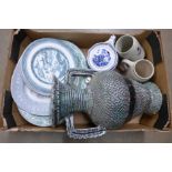 A box of mixed china; a large two handled vase, a/f, Woods blue and white teapot, lid a/f, five