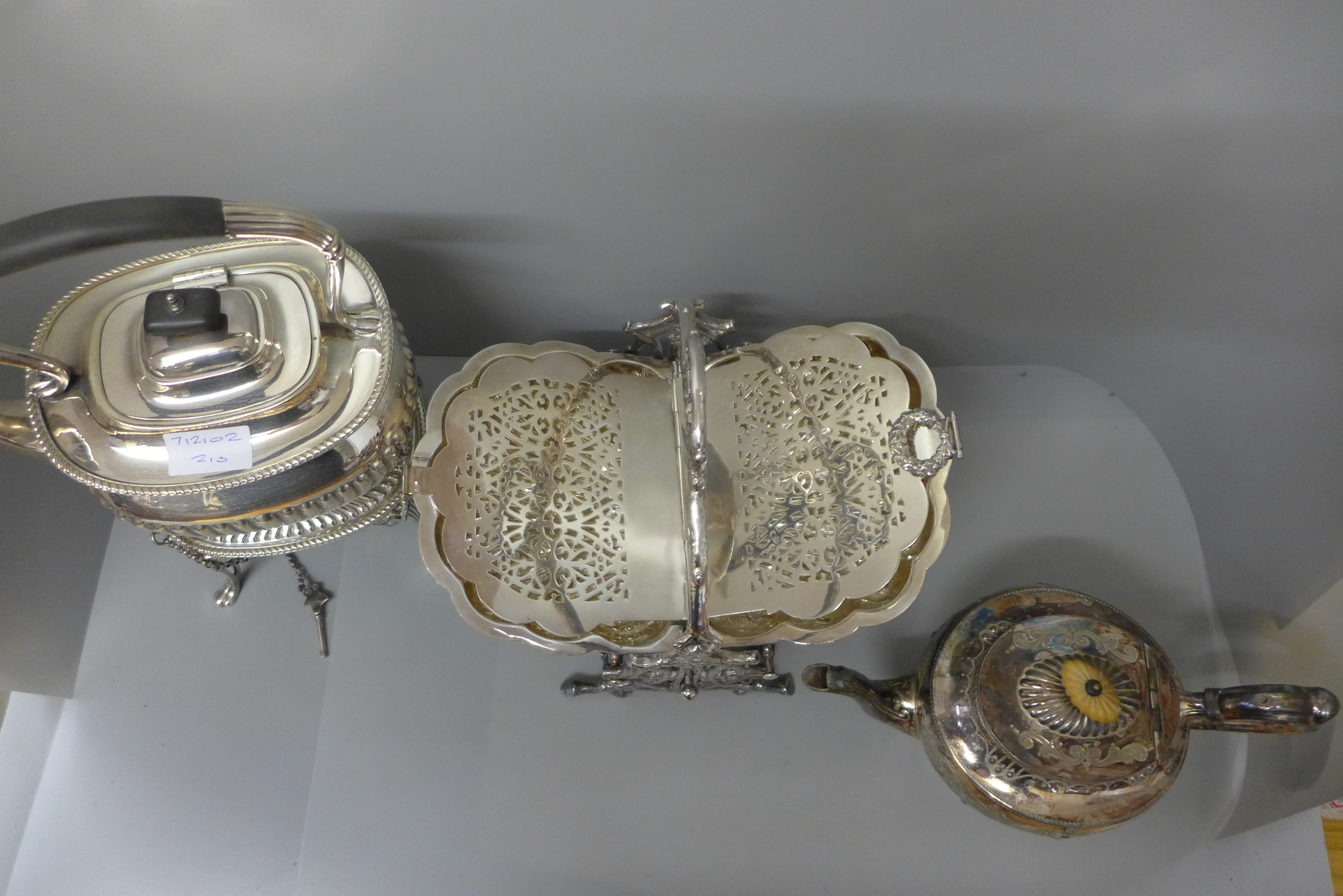A plated tea pot, a plated spirit kettle, and a plated serving dish - Image 2 of 2