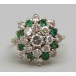 An 18ct gold, diamond and emerald cluster ring, approximately 1.15ct diamond weight, 4.6g, M
