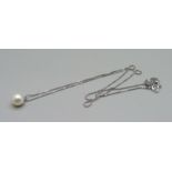 An 18ct white gold, pearl and diamond pendant and chain, 2.5g