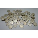 A collection of pre 1947 2 shillings/florin coins, 701g