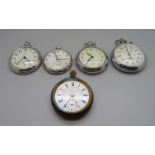 Four pocket watches and a Sekonda stopwatch, a/f including one lacking case back