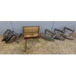 Three irons, a set of scales and a desk clamp Clean Cut tool, marked South Richland Machine Co.,