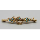 A 9ct gold bar brooch set with pearl and turquoise, 3.7g