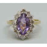 An 18ct gold, diamond and amethyst fifteen stone cluster ring, London 2003, over 0.5ct diamond