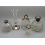 A silver topped preserve jar, a silver mounted glass posy jar, etc., (scent bottles a/f)