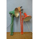 Two painted metal anglepoise desk lamps
