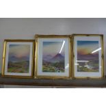 W.H.B., set of three mountain landscapes, gouache, framed