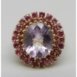 An 18ct gold, amethyst and tourmaline cluster ring, 5.1g, N, 18mm diameter