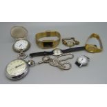 Two pocket watches and five wristwatches