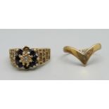 A 9ct gold ring set with a diamond and sapphires, two stones missing and another 9ct gold ring, a/f,