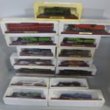 A collection of fifteen scale model locomotives for display