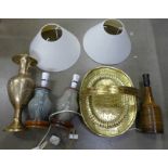 A pair of lamps with shades, one other lamp, a brass vase and a newspaper tray **PLEASE NOTE THIS