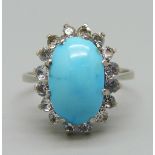 An 18ct gold, turquoise cabochon and white stone ring, 3.7g, N